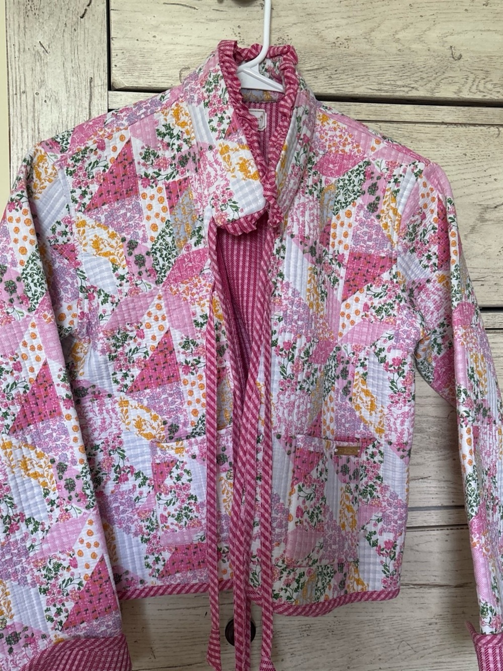Simply Southern Pink Striped Quilted Jacket with Floral Trim